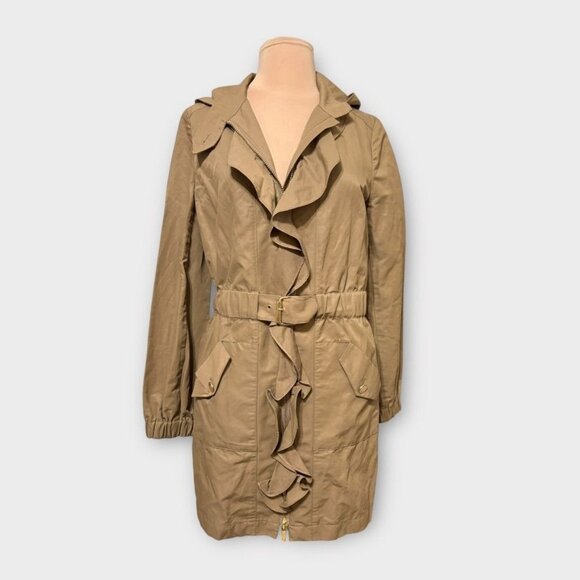 Tory Burch Warren Ruffle Coat 4 Tan Jacket Raincoat Trench Zip Hooded Classic - Picture 9 of 11